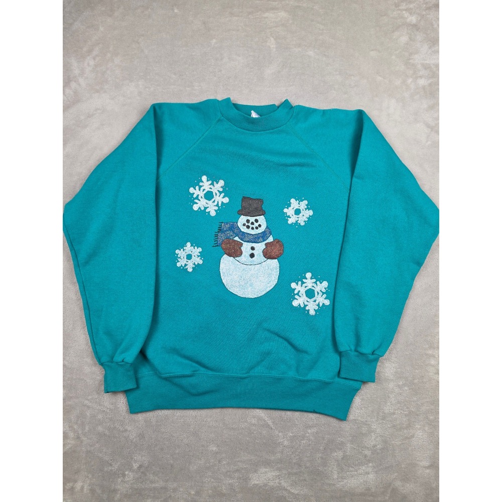 Vintage Hanes Sweatshirt Women Large Teal Snowman Snowflake Raglan 90s USA Made